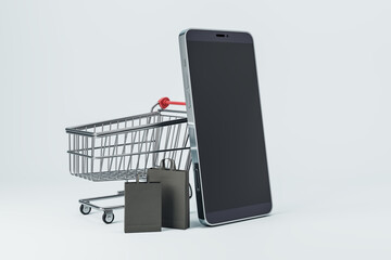 Empty black cellphone with cart and bags on light background. Online shopping and purchase concept. Mock up, 3D Rendering.