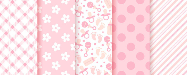 baby pink seamless patterns. pastel background. baby girl geometric print. vector. set of kids textu