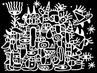 Wall Mural - Black and white cartoon pattern on black background, abstract design	
