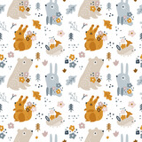 Seamless childish pattern with cute forest animals and flowers. Creative boho print with nature elements for kids. Print for newborn baby. Nursery pattern for textile, apparel, wrapping paper, fabric