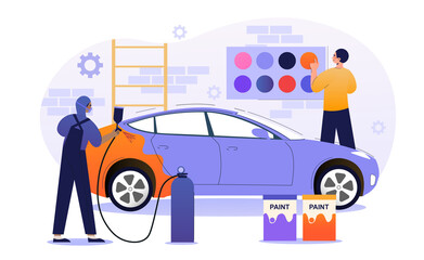 Male character is working in car painting service. Male painter working with sprayer equipment. Man in mask painting auto body in color chosen by driver, car workshop. Flat cartoon vector illustration