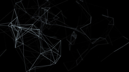 Network plexus connection structure. Abstract black background with moving dots and lines. Digital technology design. 3d rendering