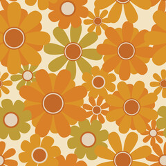 Wall Mural - 70's retro sunflower seamless vector pattern. Bold, funky floral illustration print in yellow, orange and green. Seventies style, summer, spring, flower power design. Repeat background texture art.