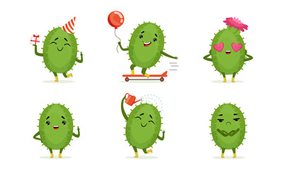 Sticker - Cute Humanized Cactus Character Watering Himself and Skateboarding Vector Set