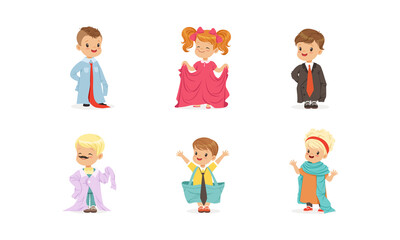 Canvas Print - Cute Little Kids Wearing Elegant Adult Oversized Clothing Vector Set