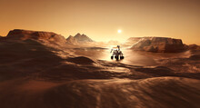 A Rover On The Surface Of Mars Looking For Signs Of Life. Science And Exploration 3D Illustration.