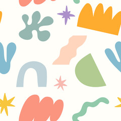 Seamless pattern with colorful abstract modern shapes. Abstraction, figures, geometric shapes. Cartoon hand drawn shapes