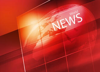 Sticker - Red graphical digital World News background, an earth globe inside a big flat TV screen