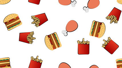 Wall Mural - Seamless endless pattern of different delicious hearty hot fries, hamburgers, fast food chicken legs on a white background. Texture