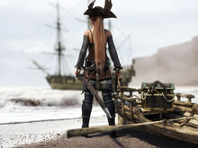 A Lone Pirate Female Surveys The Area Preparing To Return To Her Ship With A Rowboat Full Of Treasure. 3d Rendering
