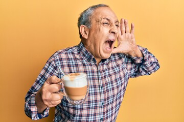 Sticker - Handsome senior man with grey hair drinking a cup coffee shouting and screaming loud to side with hand on mouth. communication concept.