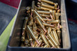 223 ammo copper bullets inside a rectangular black container