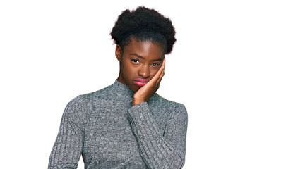 Wall Mural - Young african american girl wearing casual clothes thinking looking tired and bored with depression problems with crossed arms.