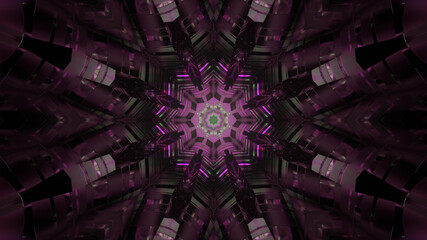 Wall Mural - 3D rendering of a mirrored abstract purple pattern, reminiscent of the inside of a kaleidoscope