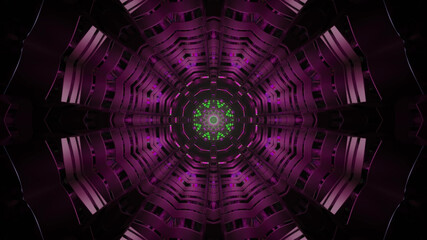 Wall Mural - 3D rendering of a dark purple tunnel with a neon green circular center in the distance