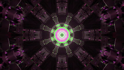 Wall Mural - 3D rendering of a dark circular tunnel with sharp edges and bright neon lights in the center