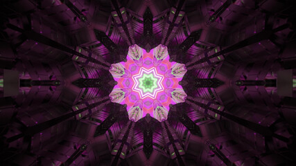 Wall Mural - 3D rendering of a neon pink kaleidoscope pattern with glowing edges