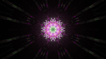 Wall Mural - 3D rendering of a dark black tunnel with a bright neon flower-like pattern at the center