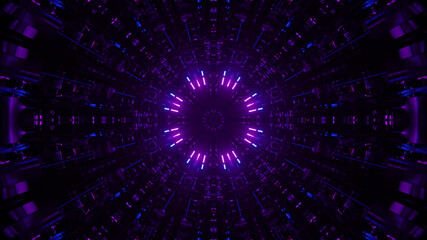Wall Mural - 3D rendering of a neon blue sci-fi portal with glowing circular lights at the end