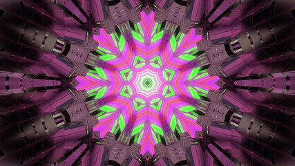 Wall Mural - 3D rendering of a colorful abstract pattern with glowing neon lights in the center