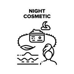 Wall Mural - Night Cosmetic Vector Icon Concept. Night Cosmetic For Moisture Skin And Face Or Body Beauty Treatment, Woman Use Cosmetology Product After Washing And Prepare For Night Black Illustration