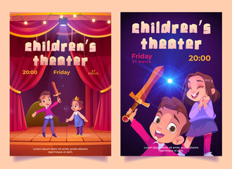 Children theater posters with kids play performance on stage with red curtains. Vector invitation flyers with cartoon illustration of boy and girl theatre actors with sword and crown