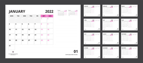 Wall Mural - 2022 calendar planner set for template corporate design week start on Monday.