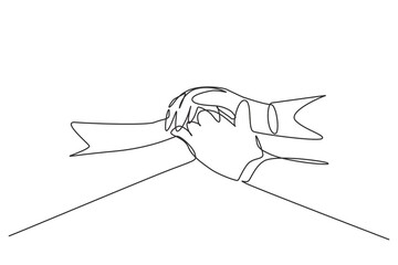 Wall Mural - Single one line drawing old middle aged people holding hands close up view. Trust in happy marriage. Empathy hope understanding love for many years. Continuous line design graphic vector illustration