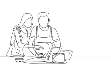 Wall Mural - Single one line drawing happy romantic couple cooking together while watching tutorial from tablet. Learn to cook with modern technology. Modern continuous line draw design graphic vector illustration