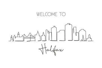 Single one line drawing Halifax city skyline, Nova Scotia, Canada. World historical town landscape. Best holiday destination postcard print art. Trendy continuous line draw design vector illustration