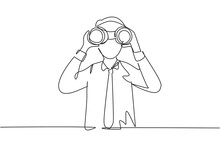 Single Continuous Line Drawing Young Businessman Looking Through Binoculars Searching For Job. Find All Opportunities In The World Of Suitable Jobs. One Line Draw Graphic Design Vector Illustration