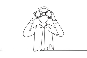 single continuous line drawing young businessman looking through binoculars searching for job. find 