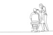 © Simple Line - Continuous one line drawing rear view shot of handsome hairdresser cutting hair of young male client. Hairstylist serving client at barber shop. Single line draw design vector graphic illustration
