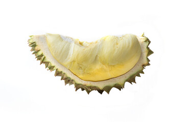 Fresh ripe durian peels with shell and thorn. King of Thai fruits. Tropical and seasonal famous fruits isolated on white background.