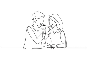 Single continuous line drawing romantic couple feeding each other. Having fun dinner together at luxury restaurant. Celebrate wedding anniversaries. One line draw graphic design vector illustration