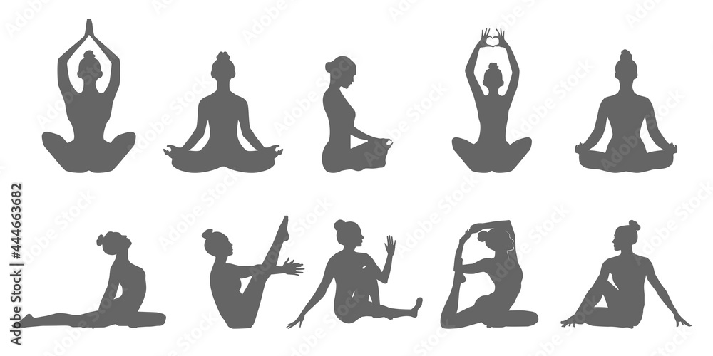 Set of black yoga pose icons, Yoga woman silhouette illustration. Yoga poses silhouette collection. Vector illustration. - obrazy, fototapety, plakaty 