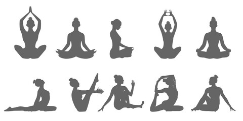 set of black yoga pose icons, yoga woman silhouette illustration. yoga poses silhouette collection. 