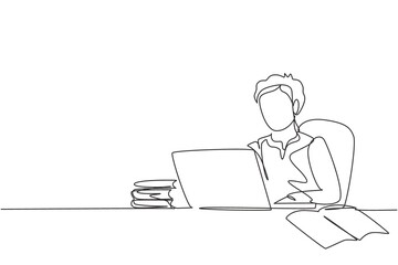 Continuous one line drawing young Arabian boy studying with laptop and pile of books. Back to school, intelligent student, online education concept. Single line draw design vector graphic illustration