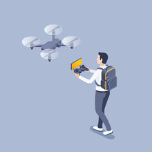Isometric Vector Illustration On Gray Background, Man With Backpack And Drone Control Panel, Drone Launch