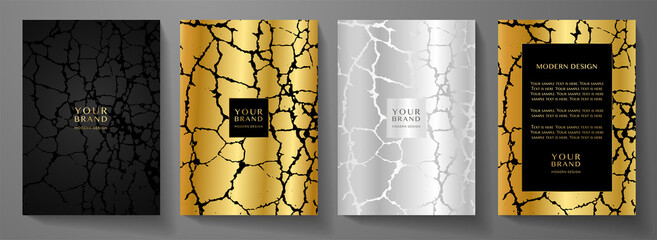 Wall Mural - Modern black, gold and silver cover, frame design set. Premium abstract pattern with crack texture (grunge background). Luxury vector for catalog, brochure template, restaurant or cafe menu, luxe book