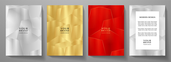Wall Mural - Modern cover, frame design set. Luxury geometric pattern in gold, silver, red colour. Premium vector background for makeup catalog, brochure template, magazine layout, beauty booklet