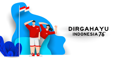 Wall Mural - Indonesia Independence Day Illustration 76 years freedom with young people respect. paper art style indonesia independence day celebrating