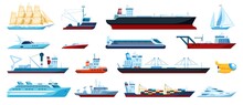 Flat Sea Transports. Speed Boats, Yachts, Cruise, Fishing Ships, Submarine. Cargo Ship With Shipping Containers. Maritime Transport Vector Set. Ocean Big Vessels For Transportation