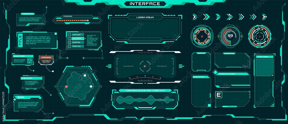 Futuristic ui elements. Sci-fi digital frames, arrows, callout titles, optical aim. Abstract cyberpunk virtual hud interface vector set. Dashboard display with menu window for game - obrazy, fototapety, plakaty 