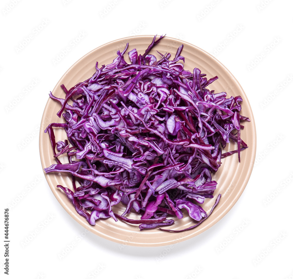 Plate with fresh purple cabbage on white background