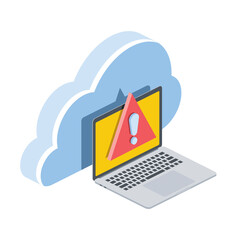 Laptop screen, cloud server, Exclamation mark danger. Vector 3d symbol, isometric, color web icons, new flat style. Creative design idea, concept for infographics.