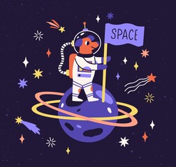 Poster - Dog astronaut in space suit on planet with flag. Cute funny animal traveling in cosmos. Puppy cosmonaut in spacesuit. Childish colored flat vector illustration of doggy in universe