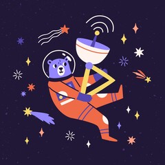 Wall Mural - cute bear astronaut in space suit flying in cosmos among stars and comets. funny animal cosmonaut tr