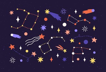 Wall Mural - star map with constellations and comets in outer space. cosmic starry night sky with celestial objec