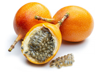 Canvas Print - Granadilla with leaves and passion fruit half isolated on a white background.